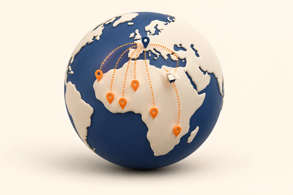 Illustration 3D : globe tourné vers l'Europe et l'Afrique, des trajets en pointillés relient la France à plusieurs pays africains