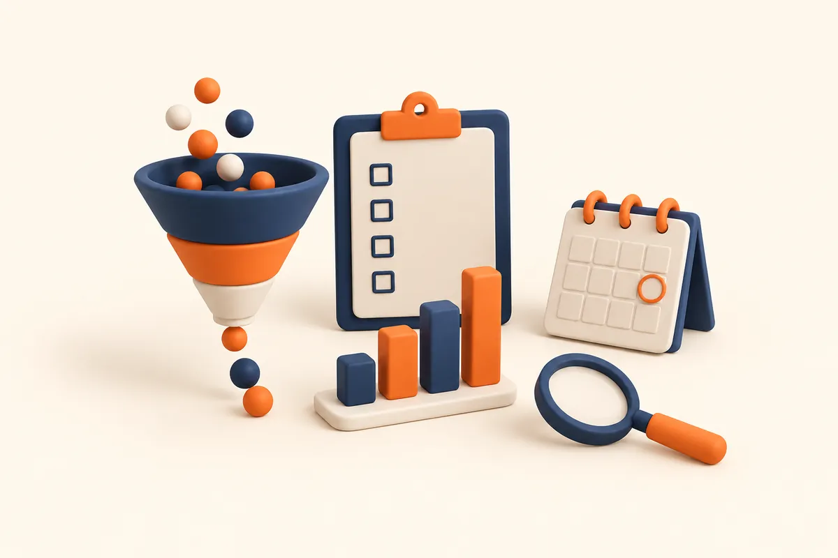 Illustration 3D : entonnoir de ventes, liste de contrôle, graphique en barres, calendrier et loupe