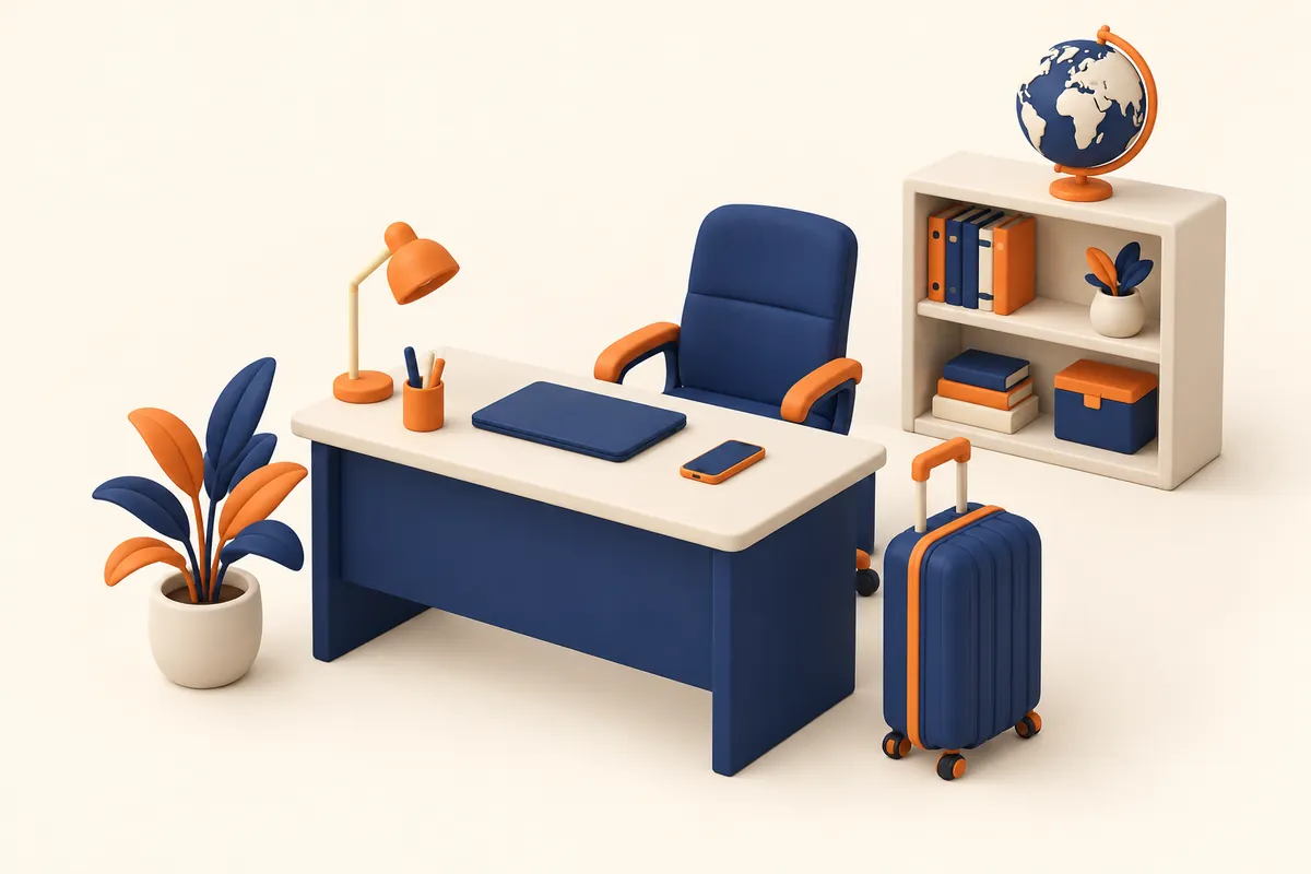 Illustration 3D : bureau d'un commercial export salarié, avec ordinateur, téléphone, valise et globe