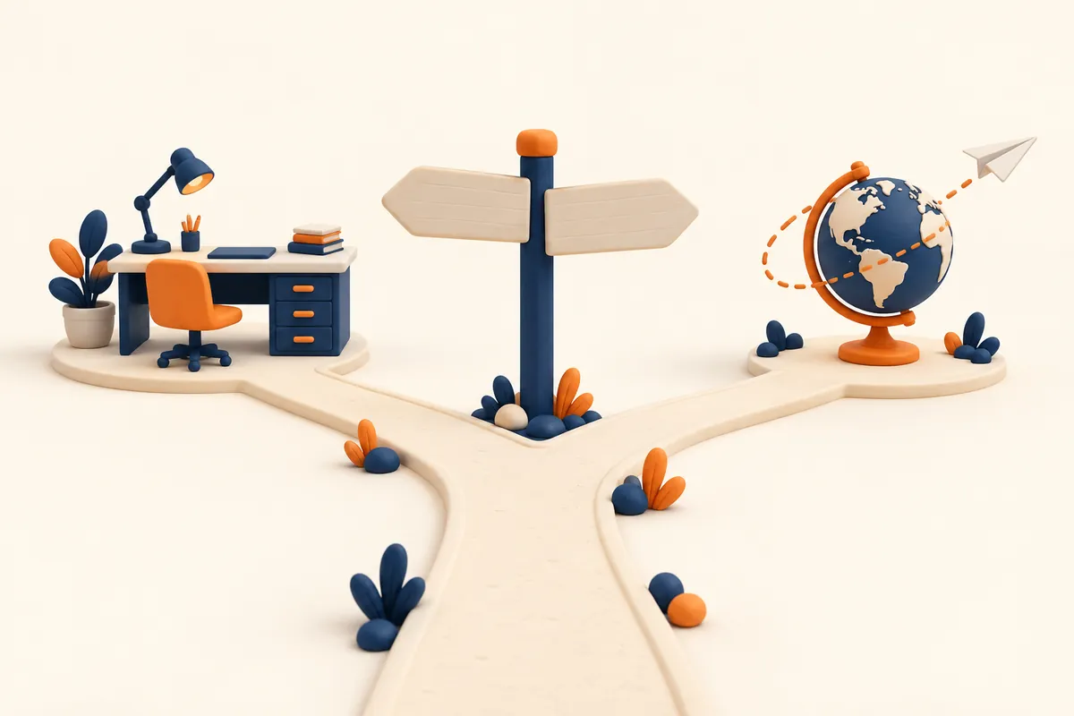 Illustration 3D : un chemin qui se sépare en deux, d'un côté un bureau, de l'autre un globe et un avion en papier
