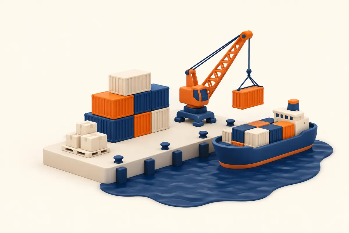 Illustration 3D : quai de port avec conteneurs, cartons sur palette, grue et navire