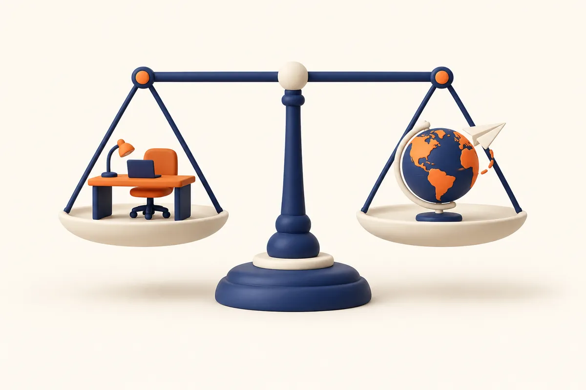 Illustration 3D : balance en équilibre entre un bureau et un globe